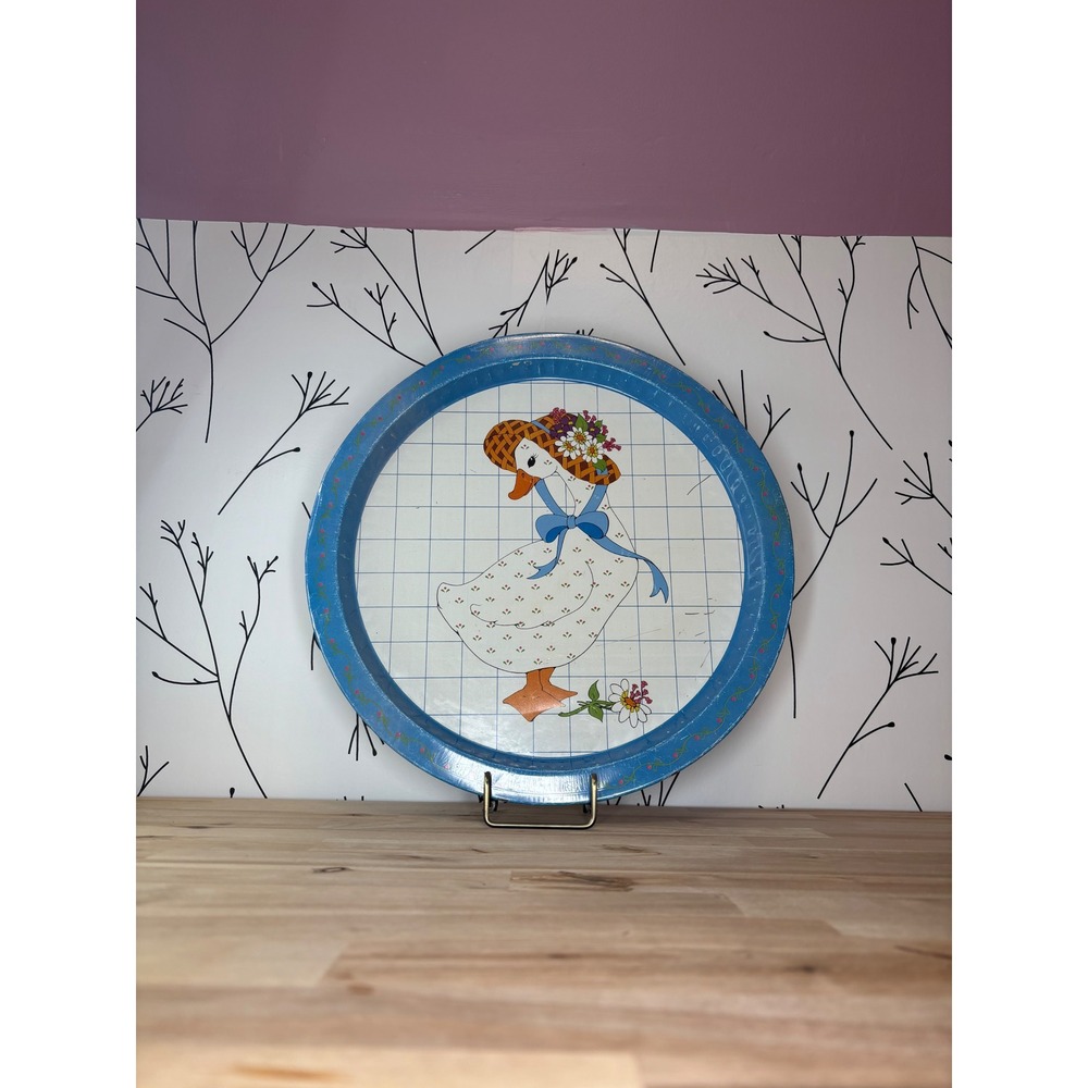 Vintage Giftco Inc Round Metal Serving Tray Goose Sun Hat Blue White Grid 13"‎
